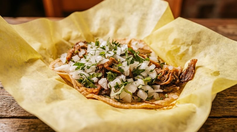 A single taco with shredded meat, diced onions, and cilantro, served on yellow paper.