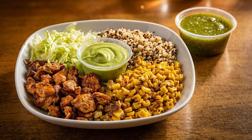 A colorful bowl with grilled chicken, corn, quinoa, shredded lettuce, and avocado dressing.